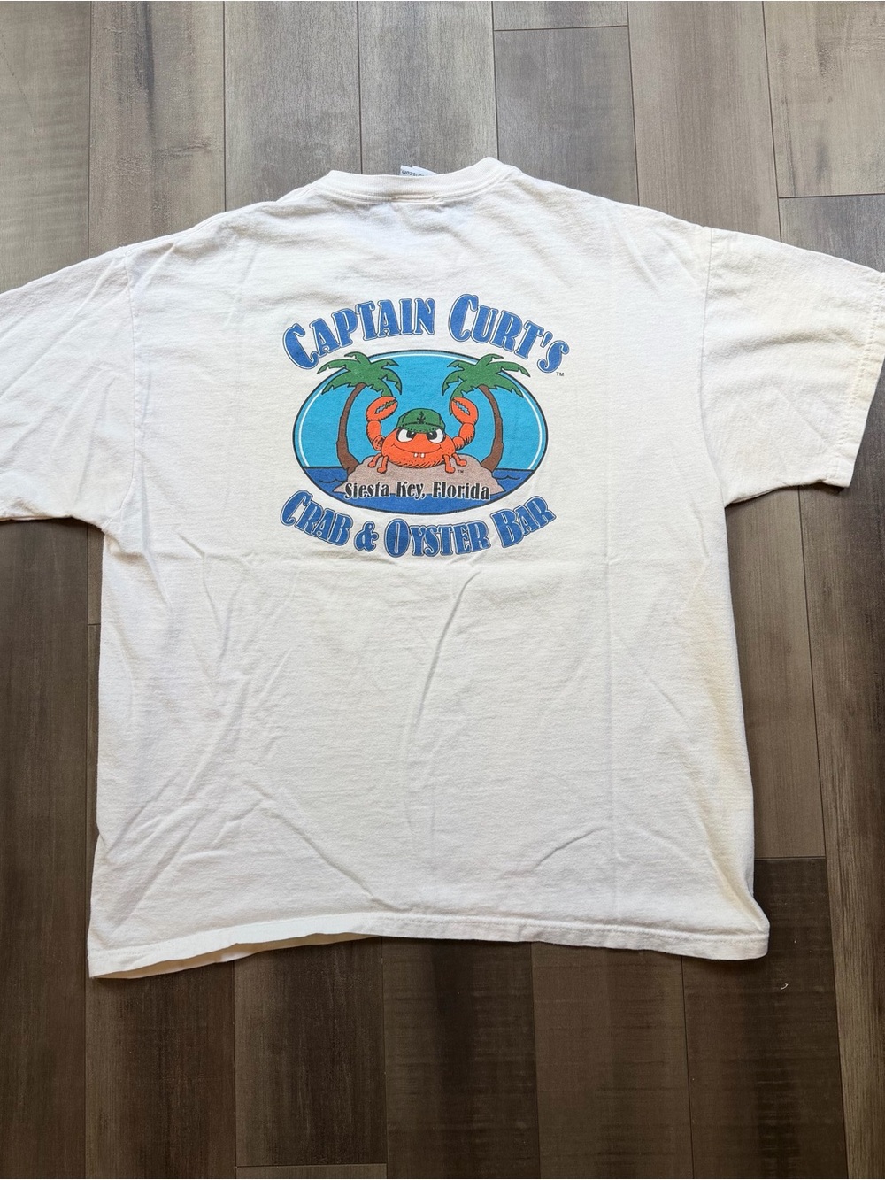 Captain Curt's Siesta Key Florida Crab & Oyster Bar White Graphic T-Shirt Sz XL